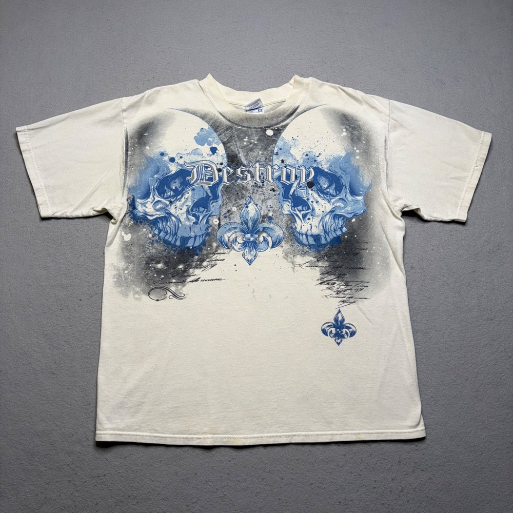Yazbek Graphic T-Shirt Mens L White Destroy Skull Fleur De Lis Y2K Streetwear